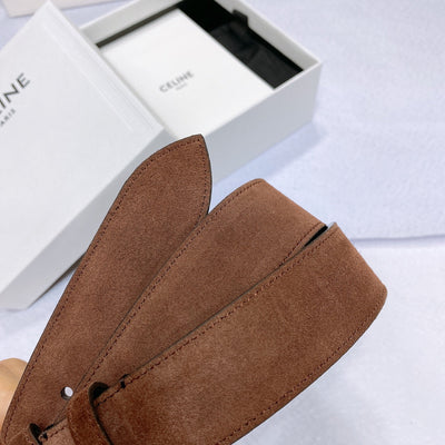 CL LARGE 35MM TWIN TRIOMPHE BELT IN CHOCOLATE BROWN SUEDE GOLD HARDWARE