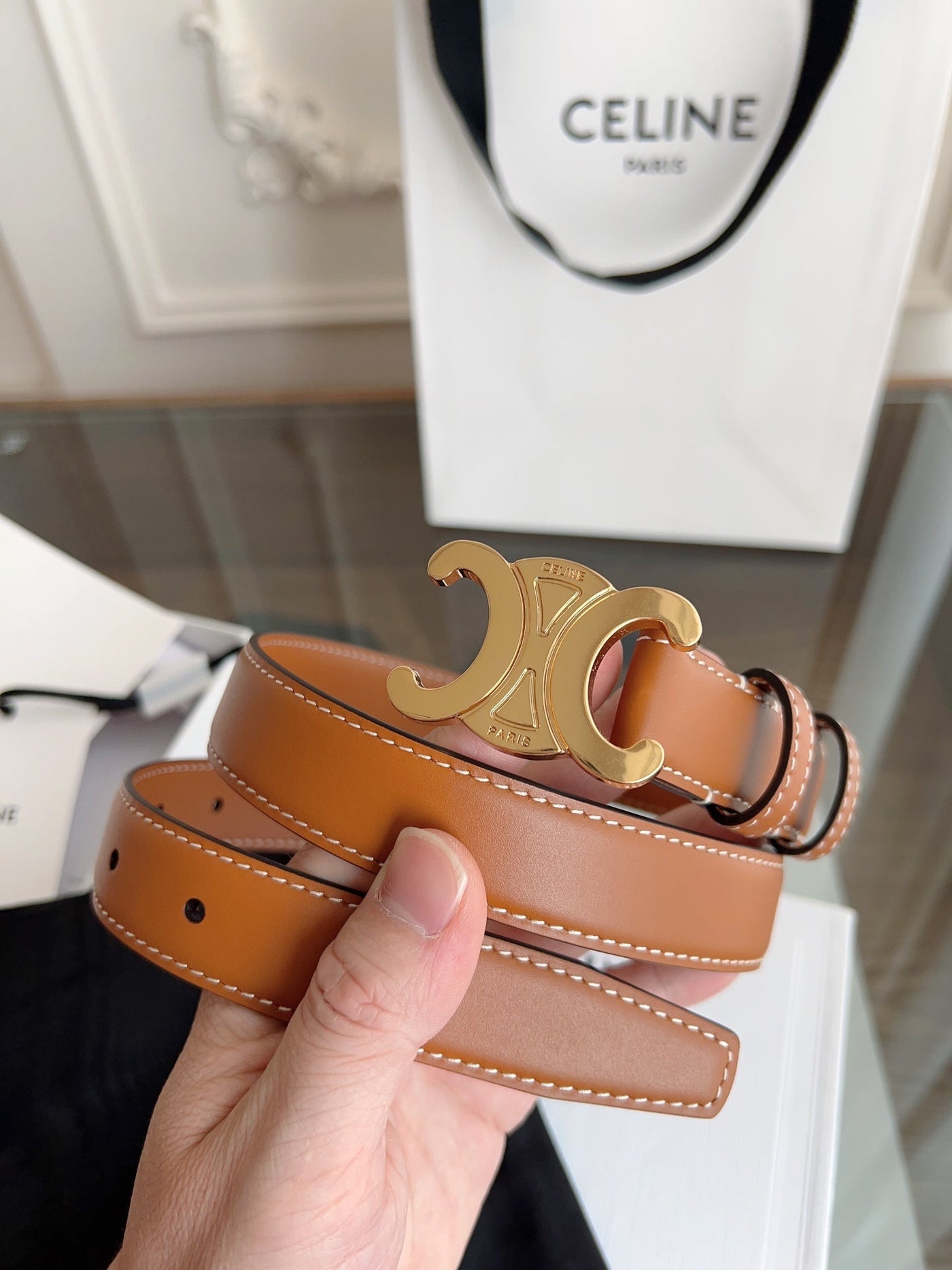 TRIOMPHE BELT 24MM IN BRONZE BROWN CALFSKIN WITH GOLD BUCKLE