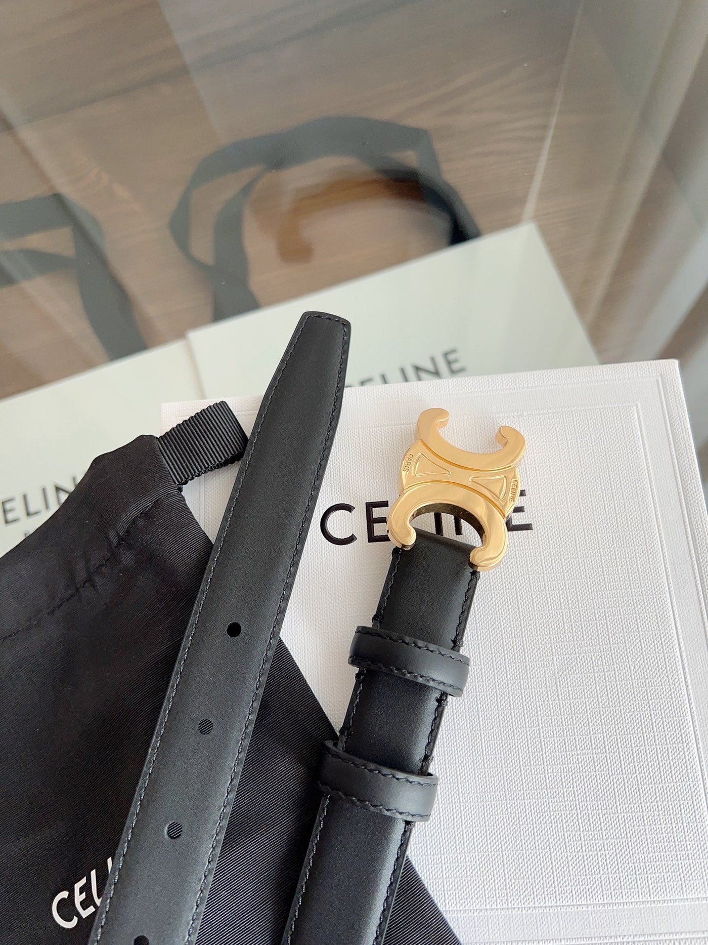 TRIOMPHE BELT 24MM IN BLACK CALFSKIN WITH GOLD BUCKLE