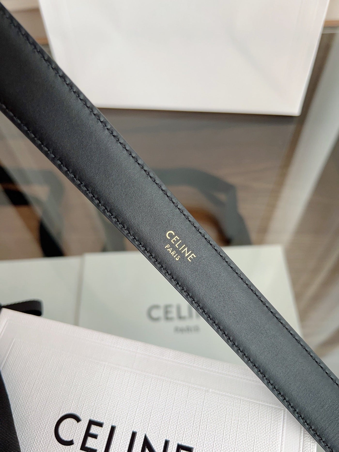 TRIOMPHE BELT 24MM IN BLACK CALFSKIN WITH GOLD BUCKLE