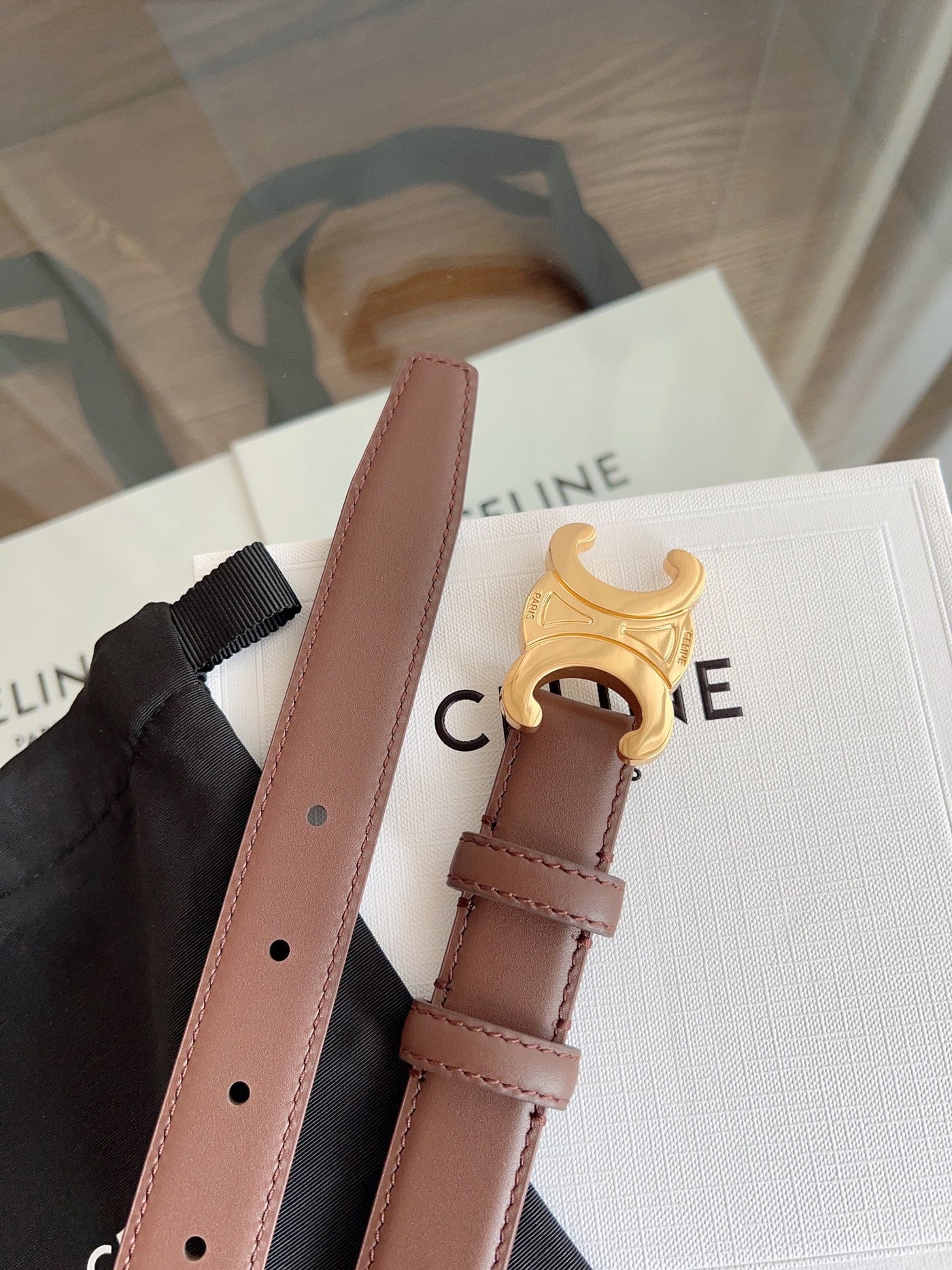TRIOMPHE BELT 24MM IN BROWN CALFSKIN WITH GOLD BUCKLE
