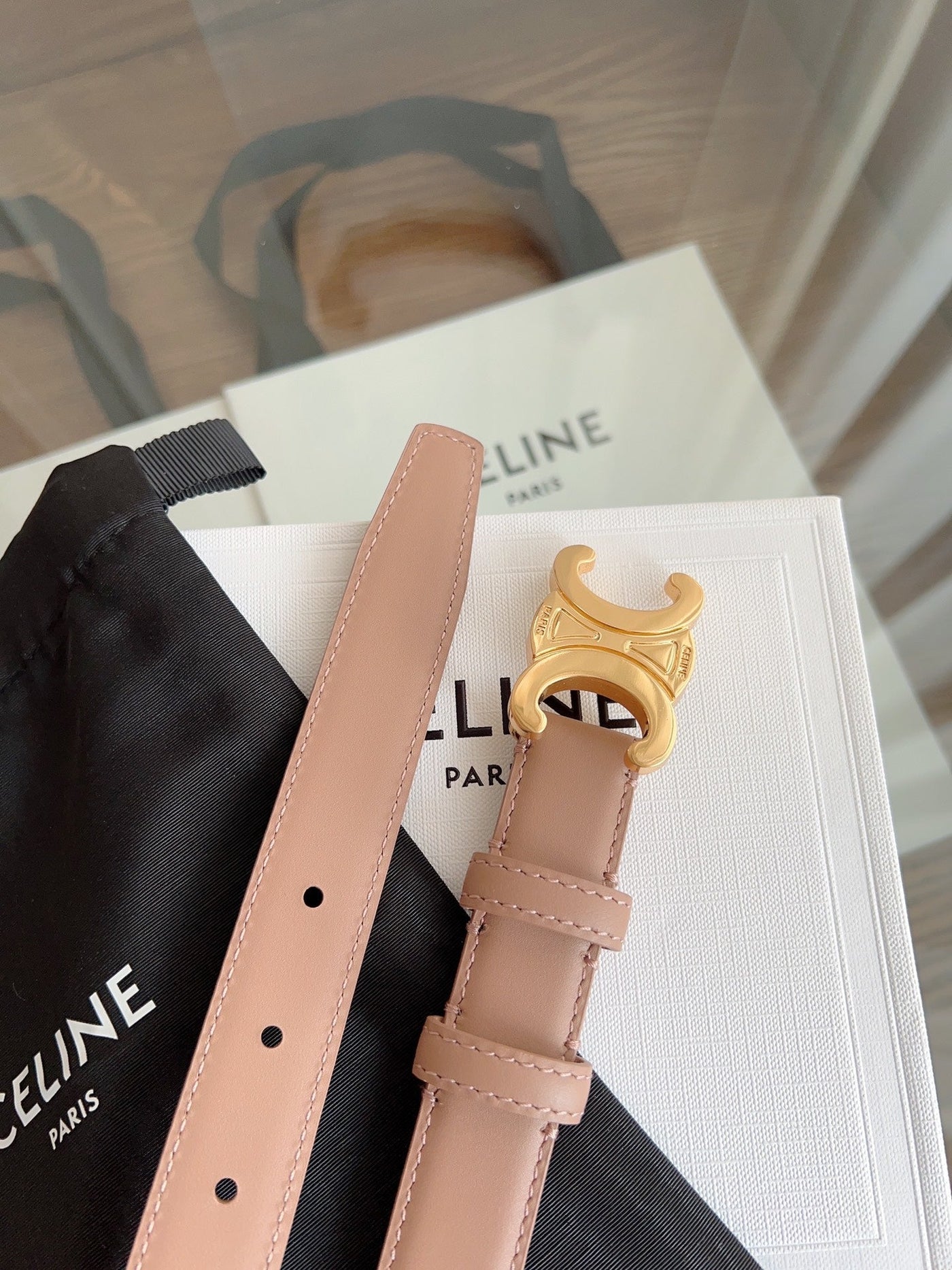 TRIOMPHE BELT 24MM IN BEAVER BROWN CALFSKIN WITH GOLD BUCKLE