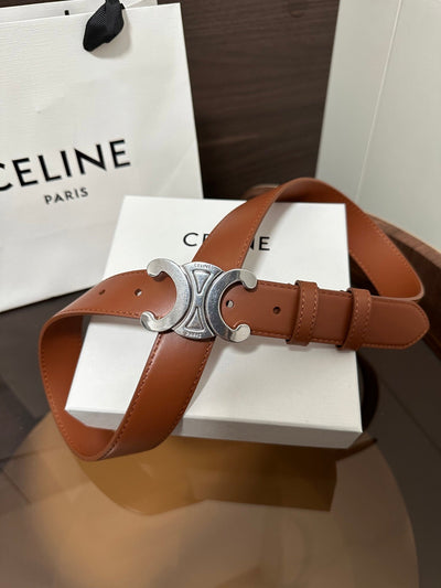 TRIOMPHE BELT 30MM IN BROWN CALFSKIN WITH SILVER BUCKLE