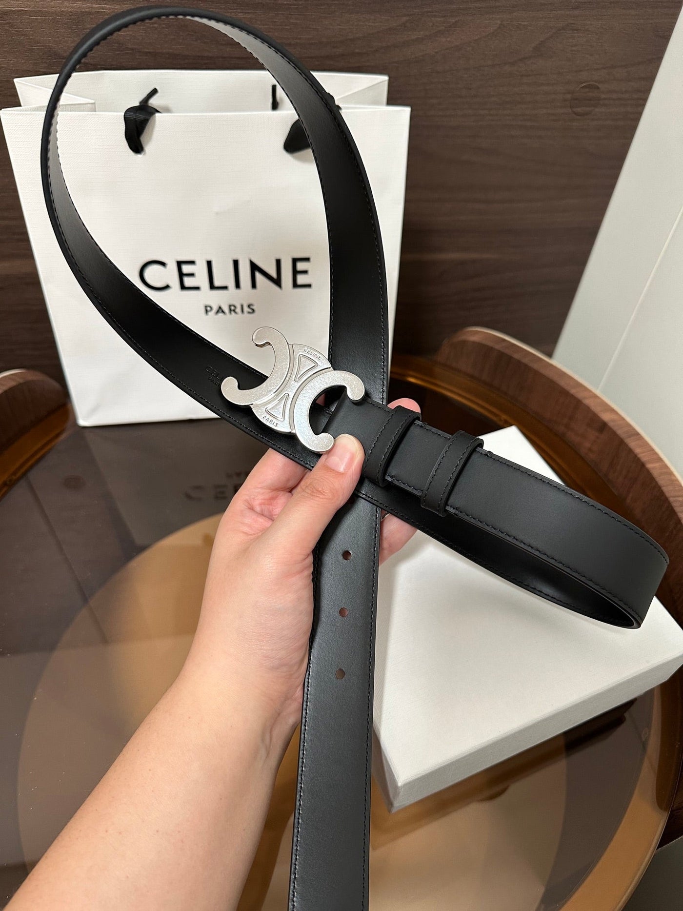 TRIOMPHE BELT 30MM IN BLACK CALFSKIN WITH SILVER BUCKLE