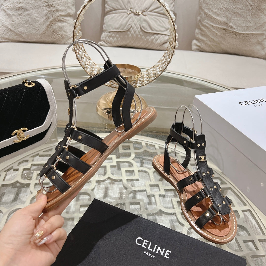 CLEA TRIOMPHE GLADIATOR SANDAL IN BLACK CALFSKIN - VEGETAL TANNING