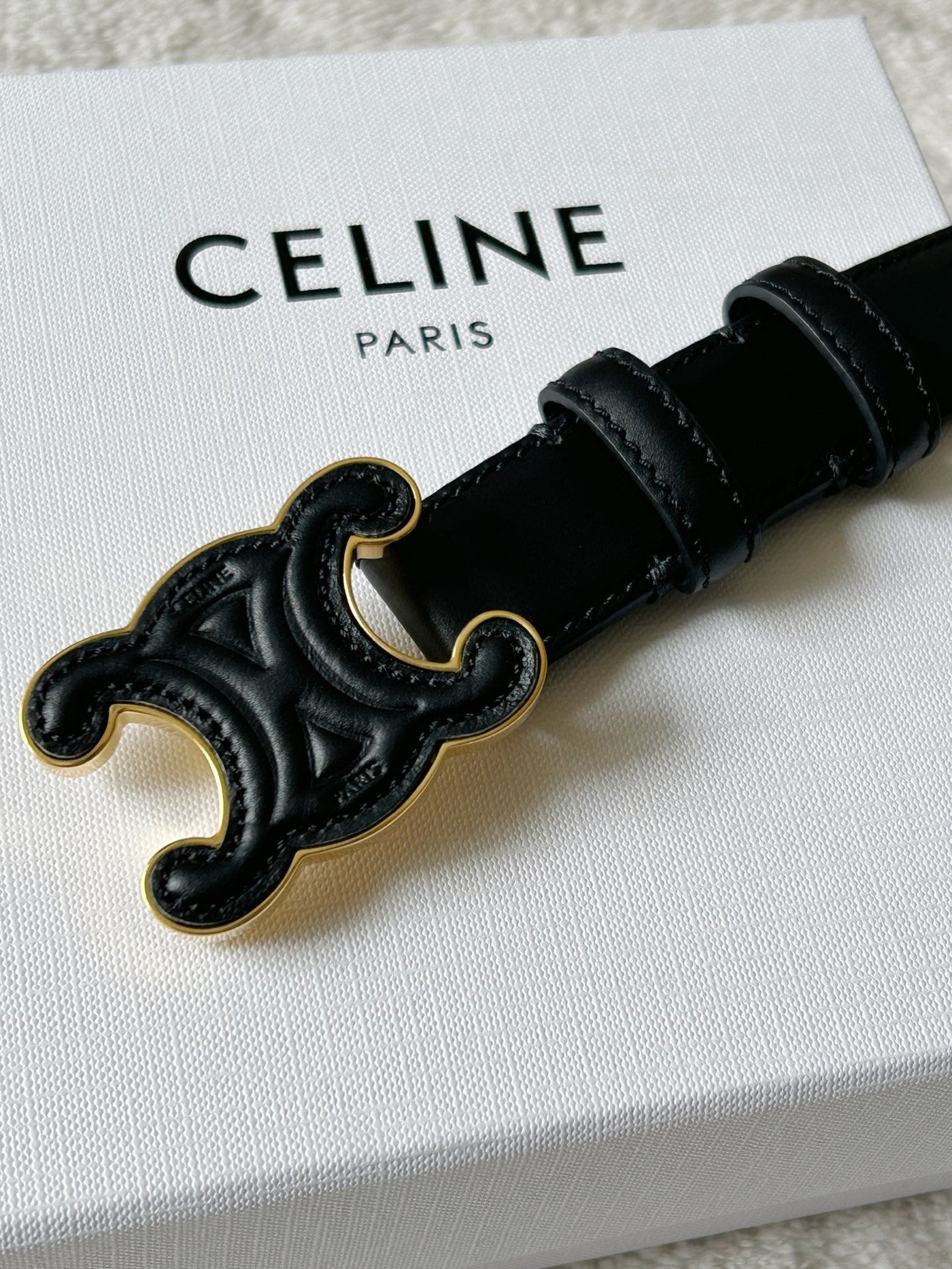 TRIOMPHE BELT 24MM IN BLACK CALFSKIN WITH LEATHER BUCKLE GOLD HARDWARE
